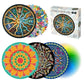 Assorted round 500-piece jigsaw puzzles with colorful art designs and loose pieces