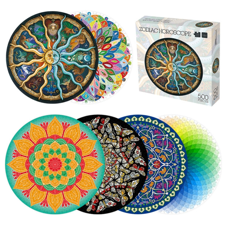 Assorted round 500-piece jigsaw puzzles with colorful art designs and loose pieces