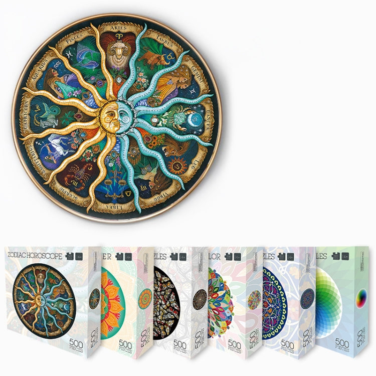 Round 500-piece zodiac jigsaw puzzle art with boxed sets lined in front