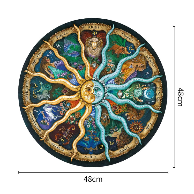 Round 500-piece zodiac jigsaw puzzle artwork with size markings, diameter 48cm
