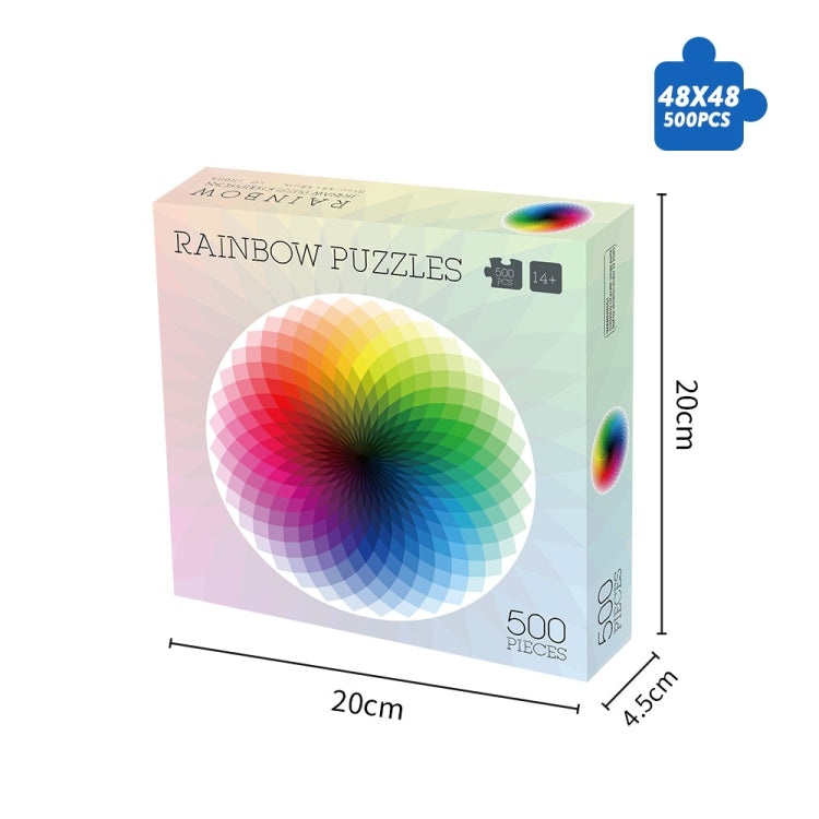 500-piece rainbow round jigsaw puzzle box with gradient spiral artwork
