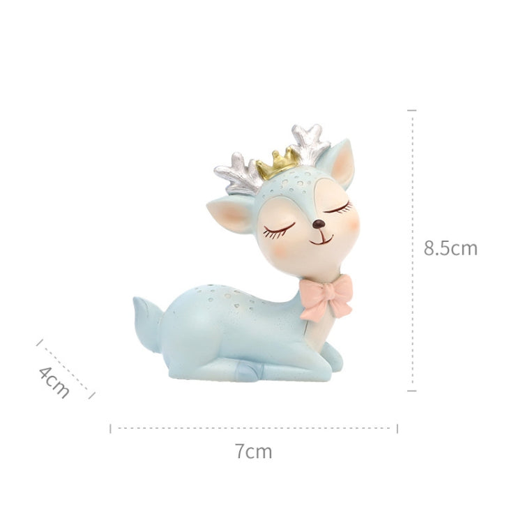 Blue cartoon deer resin decoration with bow, shown with size measurements