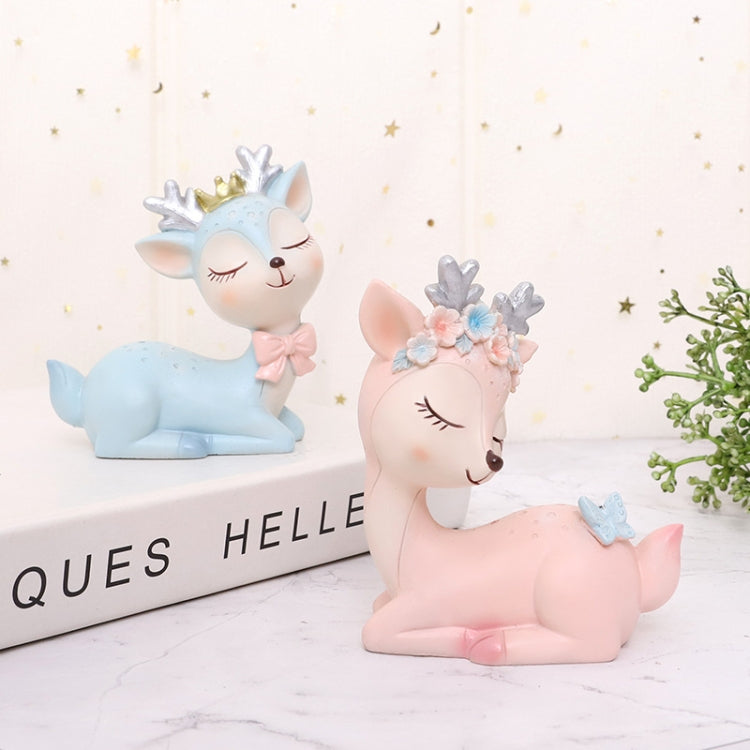 Blue and pink cartoon deer resin decorations, lying down with bows and floral accents