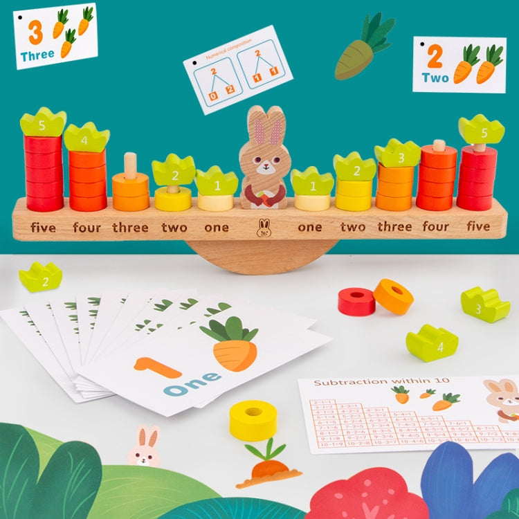 Rabbit-faced balance math toy with numbered blocks, worksheets, and picture cards