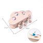 Wooden cloud cat puzzle toy with paw-hole openings and three fuzzy mouse ball toys.