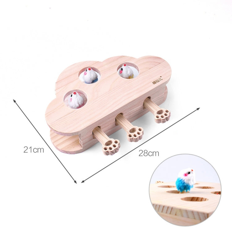 Wooden cloud cat puzzle toy with paw-hole openings and three fuzzy mouse ball toys.