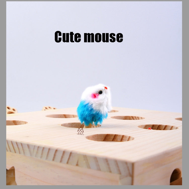 Wooden cat puzzle toy with a blue-and-white fuzzy mouse ball on top.