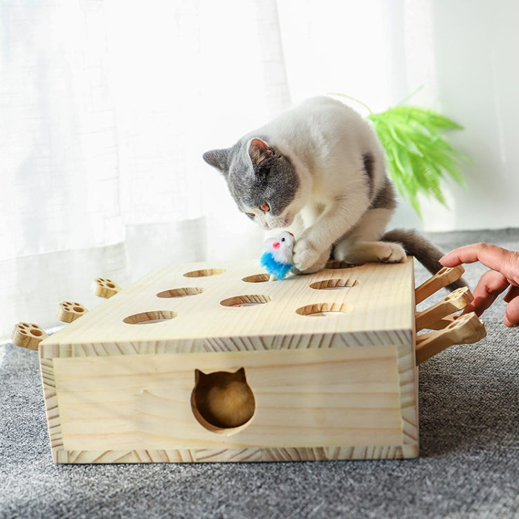 Wooden cat puzzle toy with a blue fuzzy mouse ball and a playing cat.