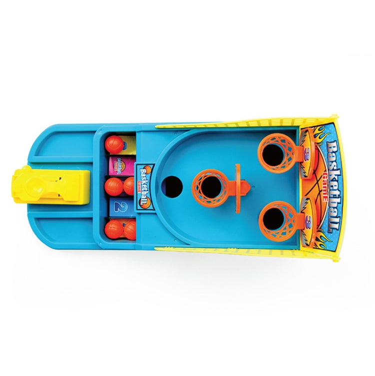Blue mini desktop basketball game stand with orange finger shooters and scoring holes