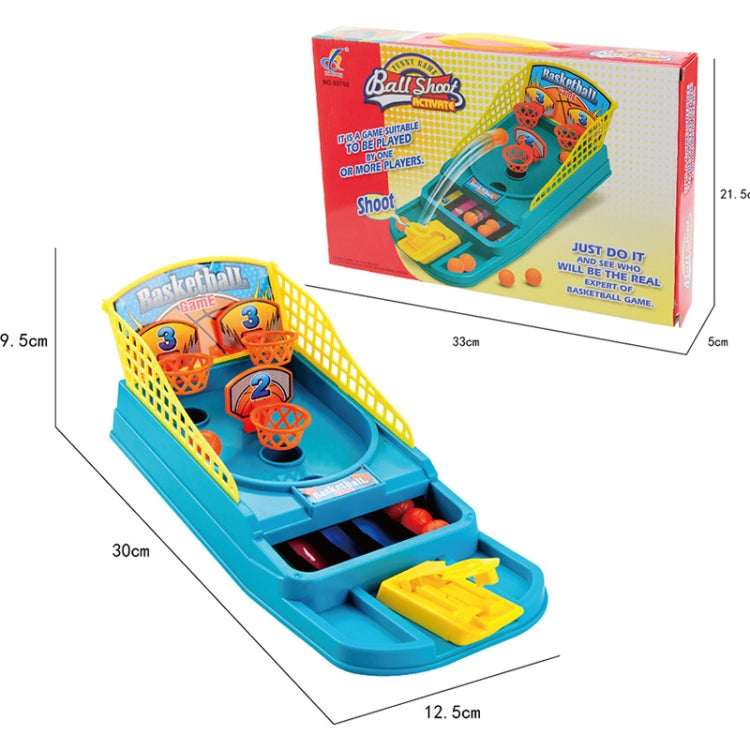 Mini desktop basketball game toy in retail box with blue stand and orange hoops