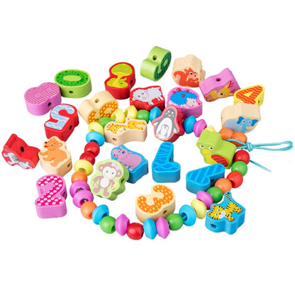 Wooden bead threading toy set with colorful animal and number blocks and lacing cords