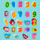 Wooden number and animal beads, including digits 0–8 on wooden block pieces