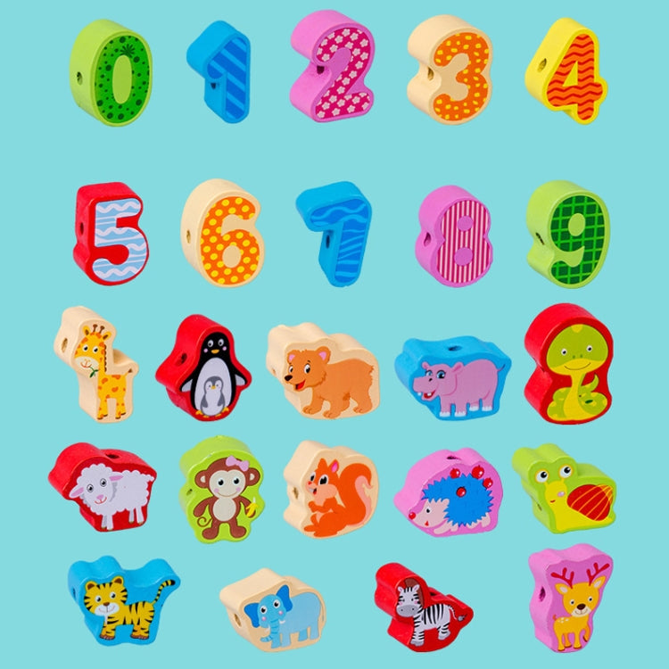 Wooden number and animal beads, including digits 0–8 on wooden block pieces