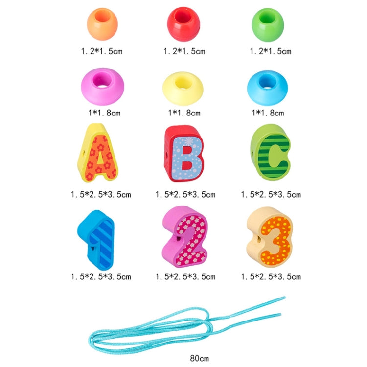 Set of wooden letter and number bead blocks with sizing diagram and threading cord
