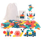 180-piece wooden shape puzzle pieces with drawstring pouch and animal design cards