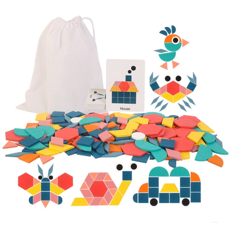 180-piece wooden shape puzzle pieces with drawstring pouch and animal design cards