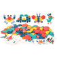 180-piece wooden shape puzzle set with mixed-color animal cards and stacked foam-like pieces