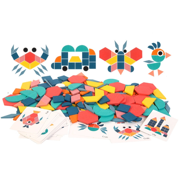 180-piece wooden shape puzzle set with mixed-color animal cards and stacked foam-like pieces