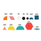 Assorted wooden puzzle shapes set with colorful triangles, circles, hexagons, and bars