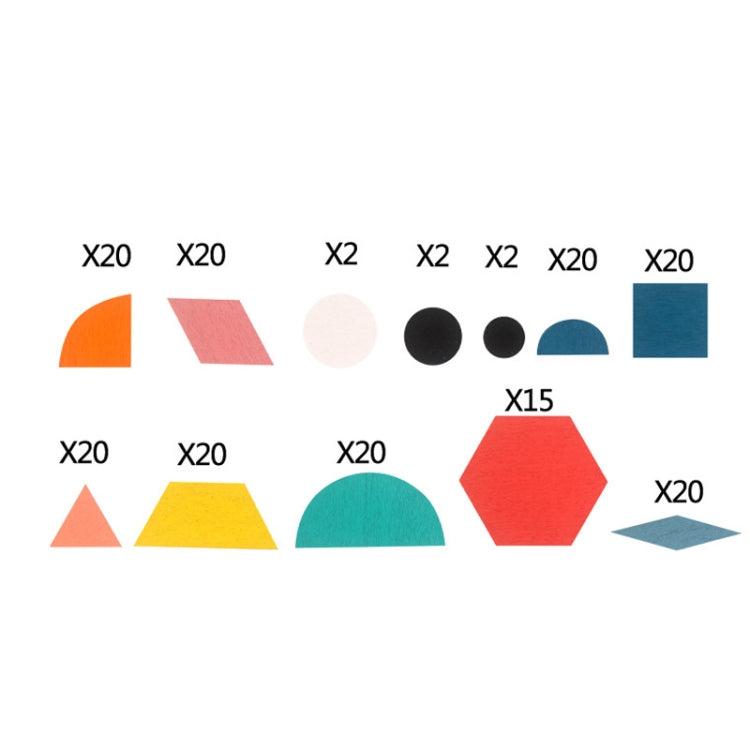 Assorted wooden puzzle shapes set with colorful triangles, circles, hexagons, and bars