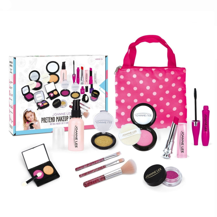 Pink polka dot makeup toy set with carrying bag, brushes, palettes, and lip products