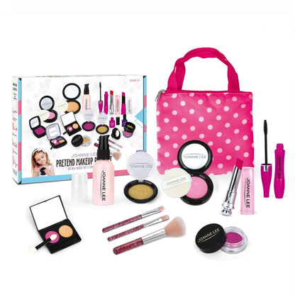 Pink polka dot makeup toy set with carrying bag, brushes, palettes, and lip products