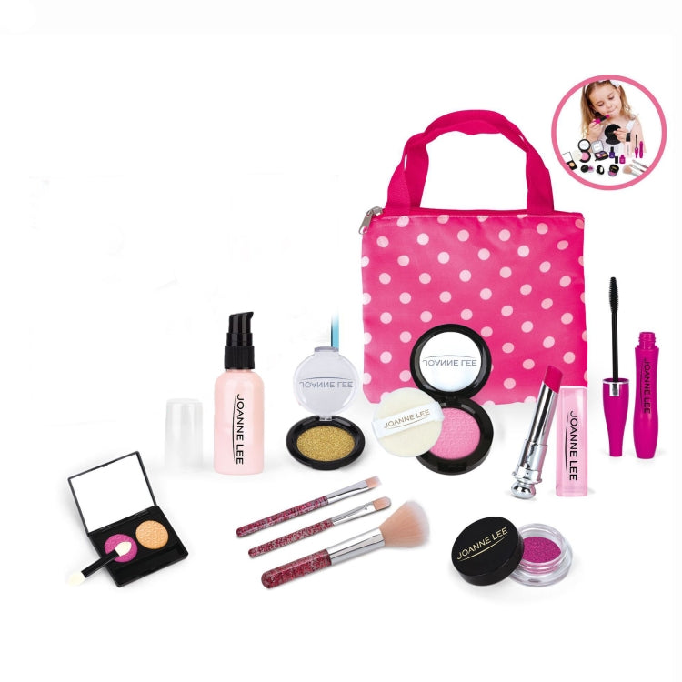 Pink polka dot makeup toy set with carrying bag, compact powders, and lip gloss