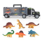 Dinosaur container truck toy with open window and six colorful dinosaur figures