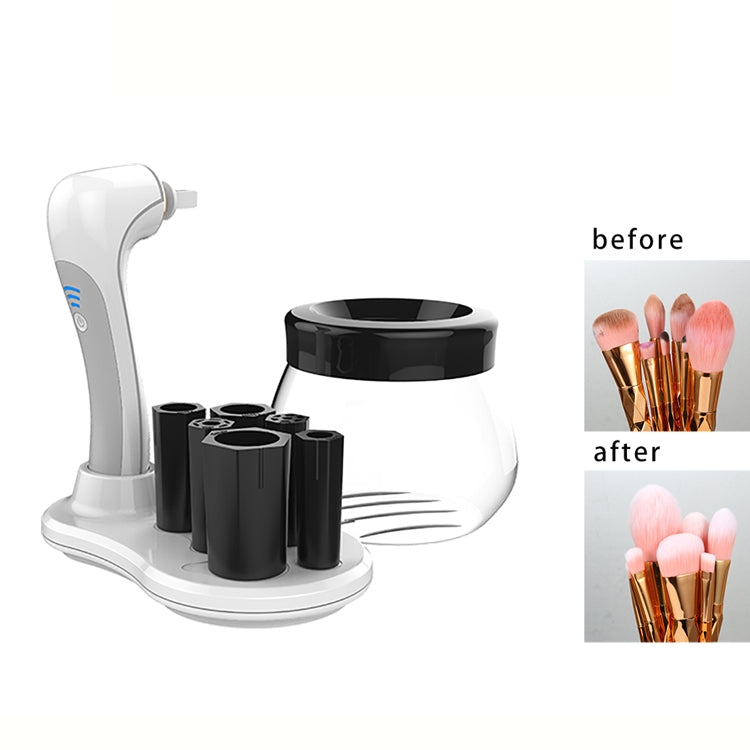 Electric makeup brush cleaner and dryer on base with white handle, black cup, and brush slots