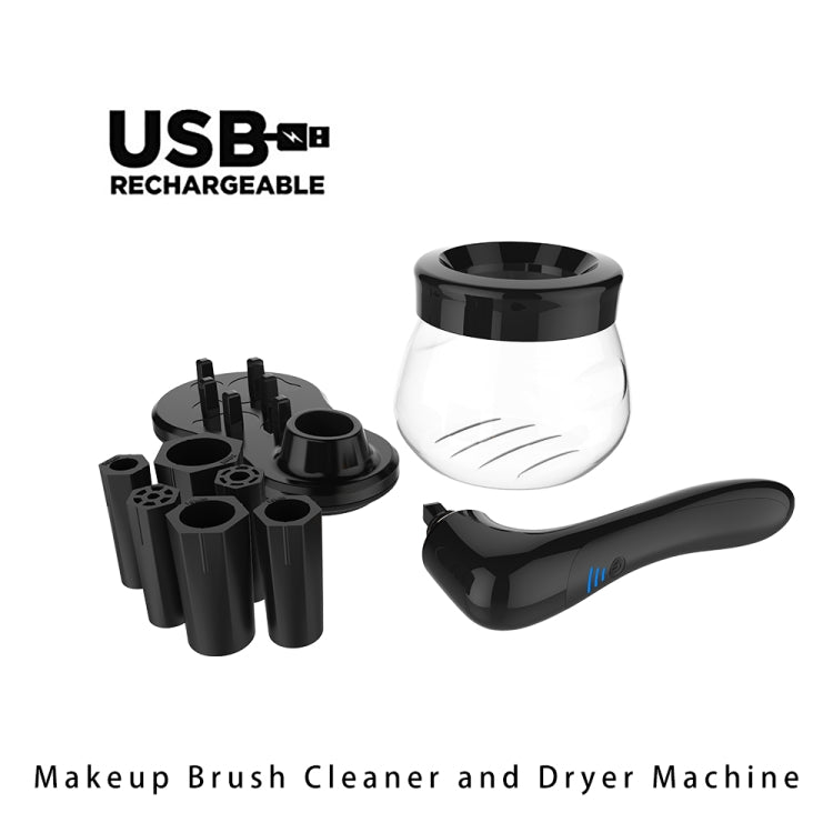 Rechargeable makeup brush cleaner and dryer with white body, black brush holder, and cup