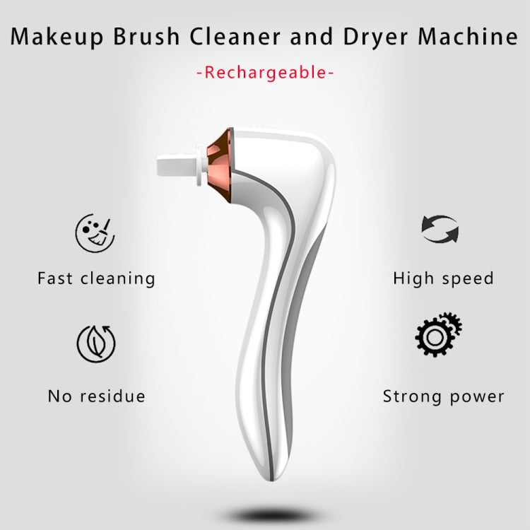 Rechargeable makeup brush cleaner and dryer, white handle with copper nozzle and black base