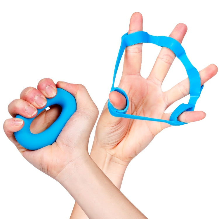 Blue silicone grip ring and finger trainer set, held in hands