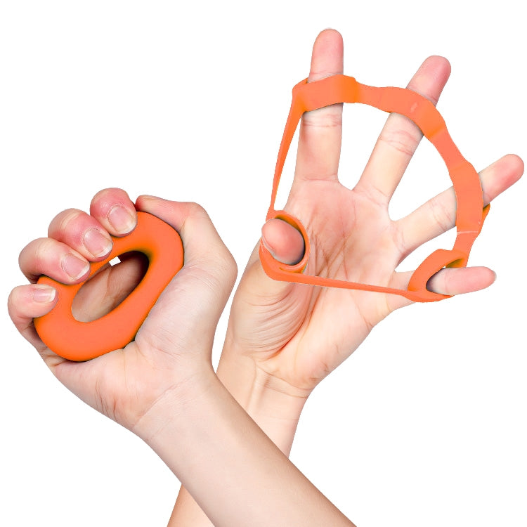 Orange silicone grip ring and finger trainer set, held in hands