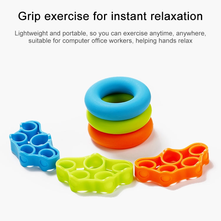 Silicone grip rings in blue, green, and orange with matching finger trainers