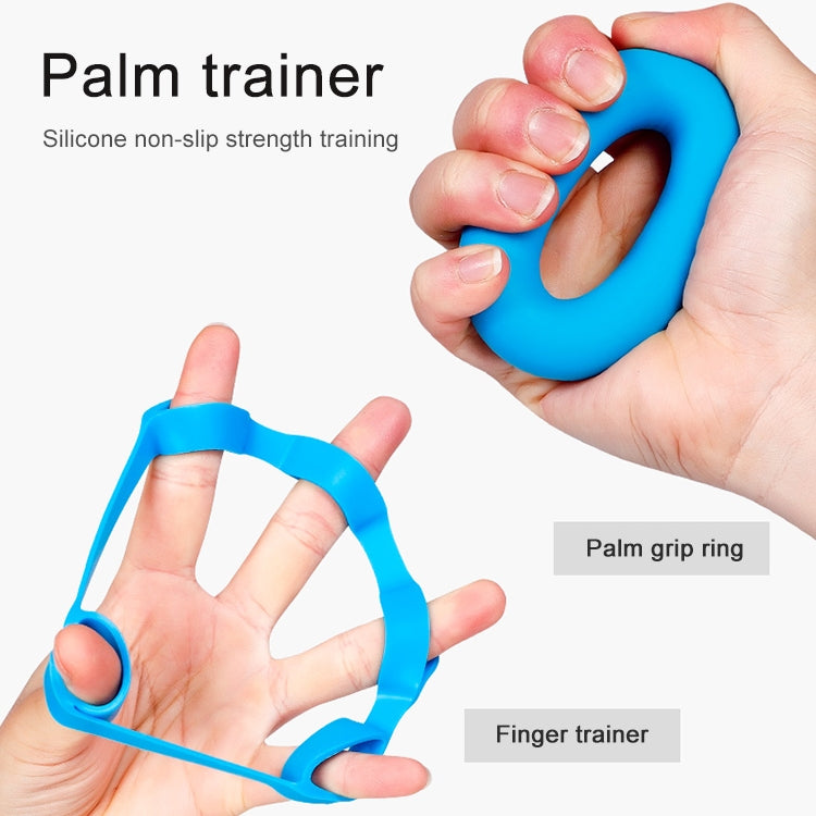Blue palm grip trainer ring and finger trainer band shown in hands