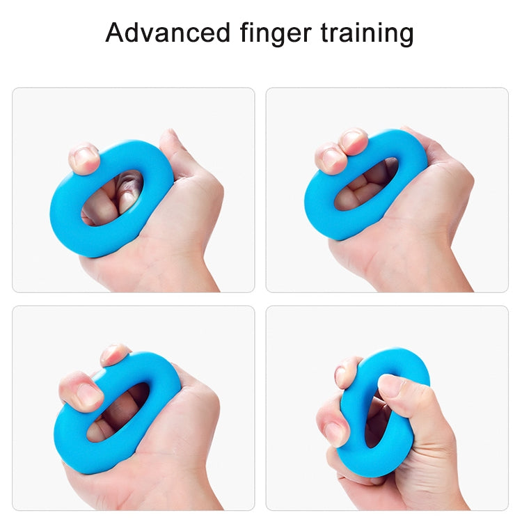 Blue silicone finger grip ring training device held in hands