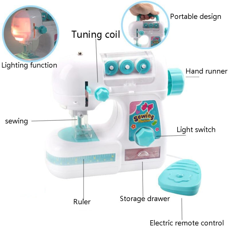 White and turquoise toy sewing machine with teal handpiece, ruler strip, and storage drawer