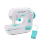 White toy electric sewing machine with turquoise control buttons and visible needle stand