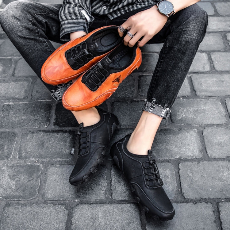 Orange and black leather lace-up men’s casual shoes with side logo and thick sole