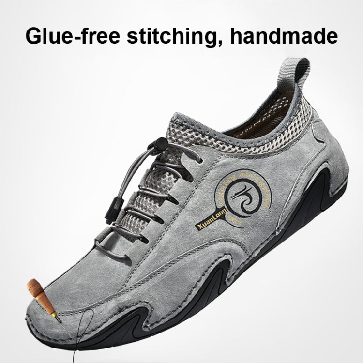 Gray suede lace-up casual sneaker with breathable perforations and padded tongue
