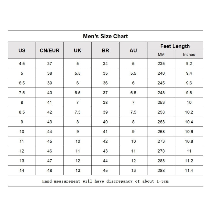 Men's size chart table: US, CN/EUR, UK, BR, AU, and feet length (mm and inches)