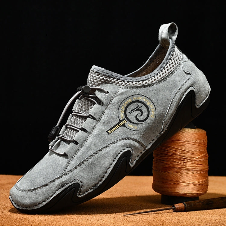 Men's casual suede sneaker, gray, lace-up style with side logo emblem
