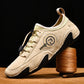 Men's beige lace-up sneakers with heel pull tab, logo patch, chunky rubber sole