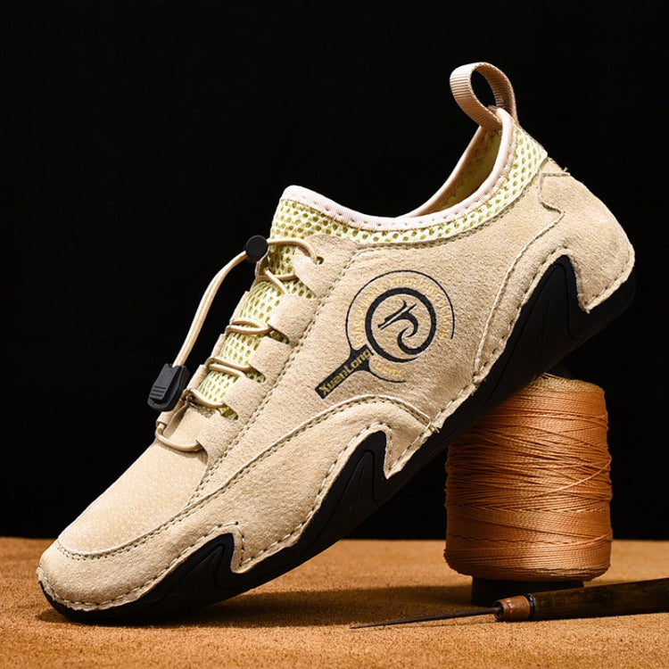Beige suede lace-up casual sneaker with breathable eyelets and cushioned sole