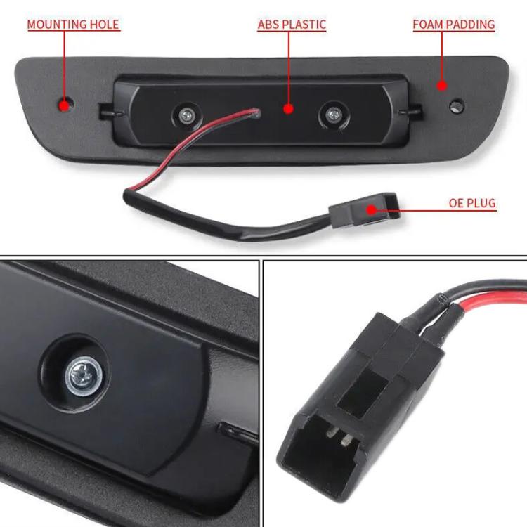 Brake light mounting assembly with ABS plastic housing, mounting holes, and OE plug