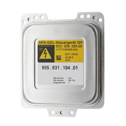 Xenon headlight ballast control module, silver metal housing with warning label