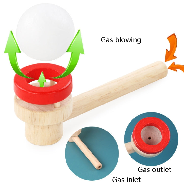 Wooden ball blower toy with red base, long handle, and white ball