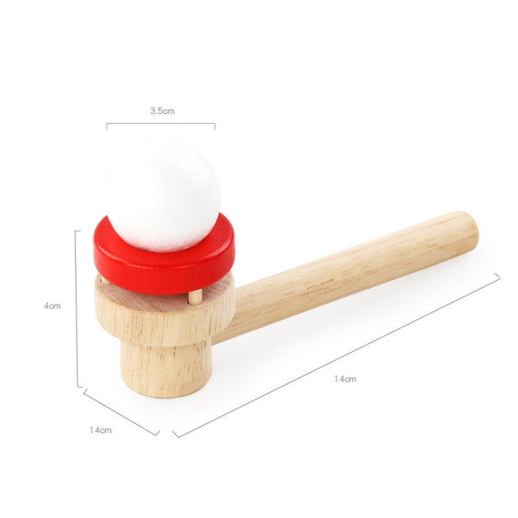 Wooden ball blower set with red ring base and long handle; size outline shown