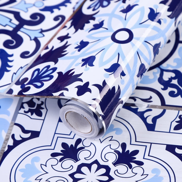 Kitchen anti-smoke tile wall sticker sheet with blue porcelain-style floral pattern
