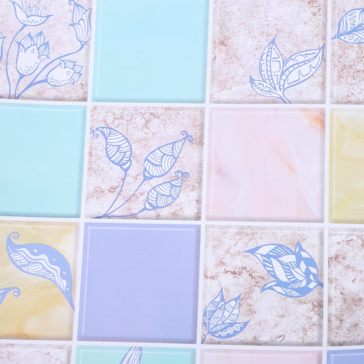 Kitchen anti-smoke tile wall sticker sheet with pastel square tiles and blue leaf motifs